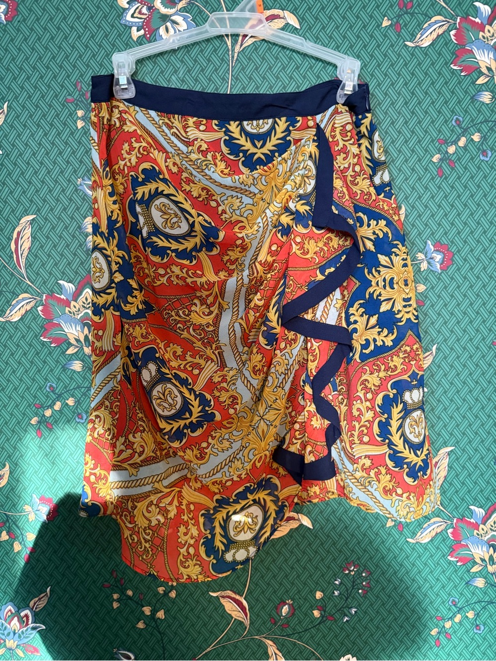 Ryu Multicolor Baroque Print Skirt with Navy Trim